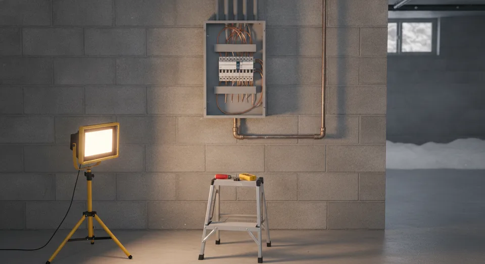 Electrician installing a new 200-amp breaker panel in the basement of a Waterloo, Ontario house